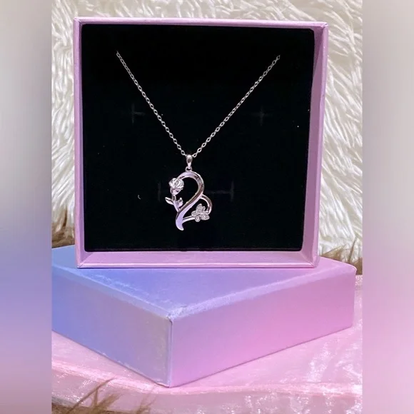 925 Sterling Silver Heart Rose Butterfly Pendant Necklace with Crystal Accents - Picture 7 of 15